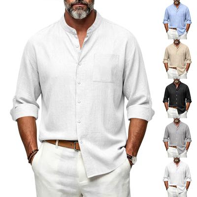 Men's Cotton Linen Long Sleeve Shirt with Collar and Chest Pocket