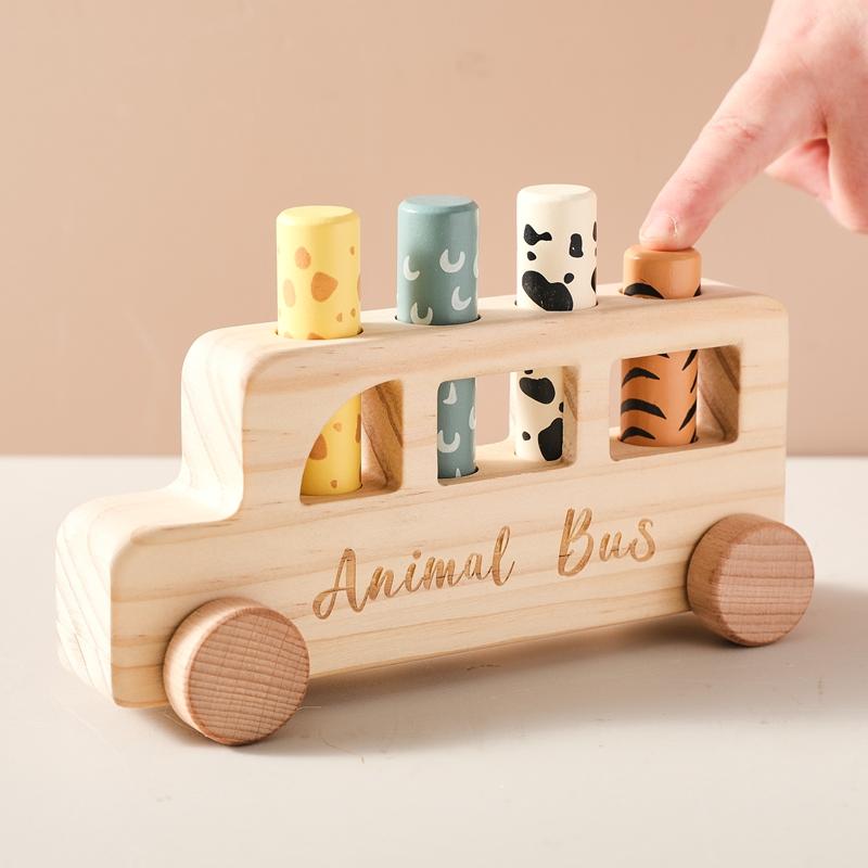 Montessori Toys Wooden Bus Press Bounce Toy Baby Finger Fine Sports Game Animal Skin Cognition Educational Toys No Bpa Kid Gift