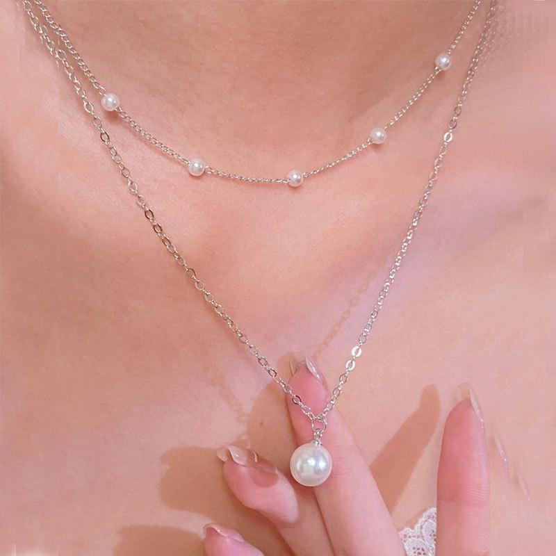 

Korean Style Imitation Pearl Double Layered Choker Necklace for Women, Big Ball Bead Pendant Tassel Fashion Jewelry
