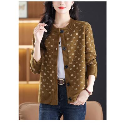 Sweater Women's Round Neck Jacket Loose Cardigan Geometric Graphic Contrast Color Button Long Sleeve Body
