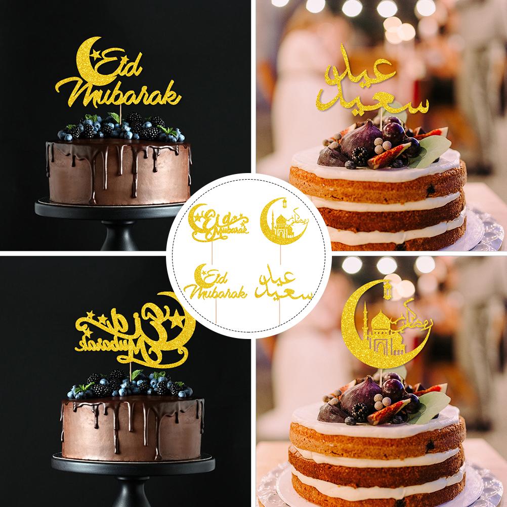4 Pcs Card for Eid -Fitr Moon Cake Picks Toppers Insert Wooden Stick Decor Party Flags Dessert
