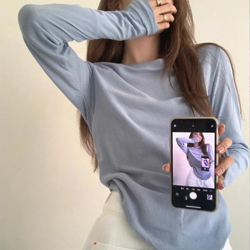 Thin sunscreen blouse women's curled edge slightly transparent sexy Spice Girl style long-sleeved shirt bottoming shirt spring and autumn slim top