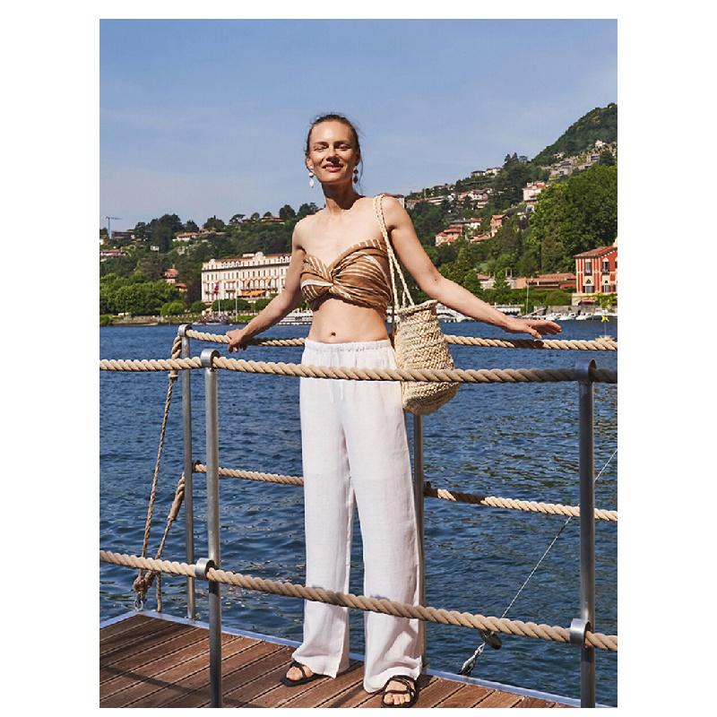 White linen tencel wide-leg women's pants, spring/summer high-end loose simple straight-leg pants, paper-thin cotton-linen casual women's trousers