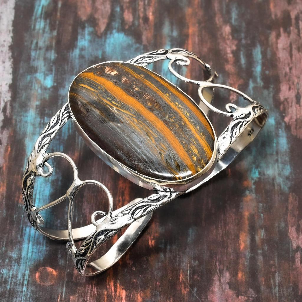Tigerauge-Edelstein, handgefertigter Schmuck, verstellbarer Armreif aus 925er Sterlingsilber für Sie