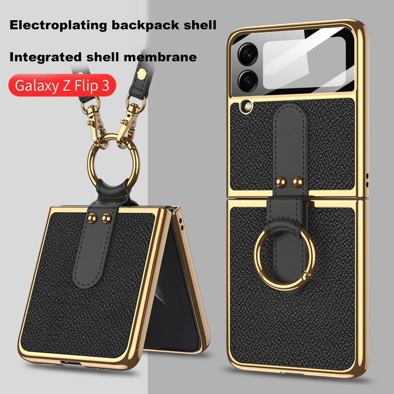 Phone Case For Samsung Galaxy Z Flip3 /4 5gcase Ring Holder Stand Crossbody Shoulder Strap Silicone Anti -Scratch Shookproof Cover