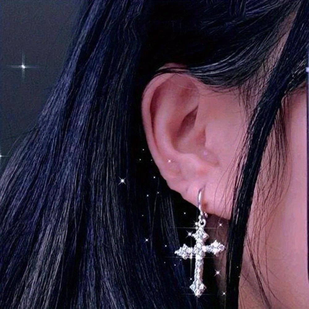 1 Pair of Y2K Gothic Cross Earrings Shiny Synthetic Zircon Inlaid Earring Earrings Jewelry Accessories