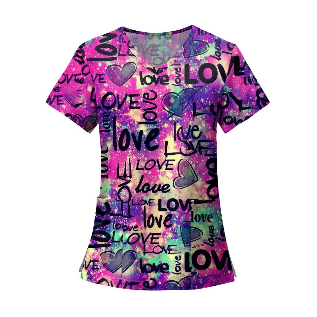 Women's Fashion Printed Short Sleeve V Neck Pattern Tops Pocket Working T-shirts