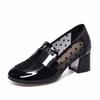 Mesh high heels women's shoes 2025 spring new round head thick heel cow patent leather women's single shoes mesh polka dot fashion shoes