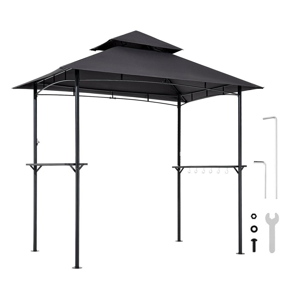 Grill Gazebo, 2.43 x 1.5 m Outdoor BBQ Gazebo with Double-Tiered Roof, Powder-Coated Steel Patio Grill Shelter with 2 Side Shelves & 8 Hooks, Grilling
