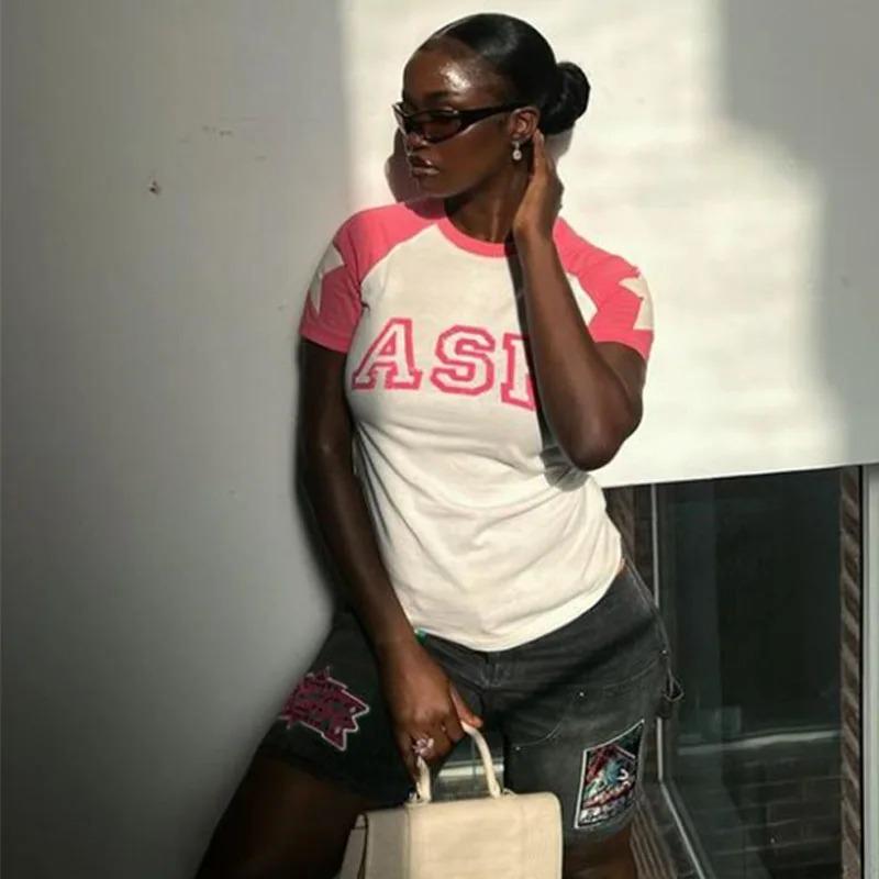 Y2K Summer Spicy Girl Rundhalspullover mit Stern- und Buchstabendruck, kontrastierende Kurzarm-T-Shirt mit offenem Nabel, europäisches und amerikanisches Damen-Top