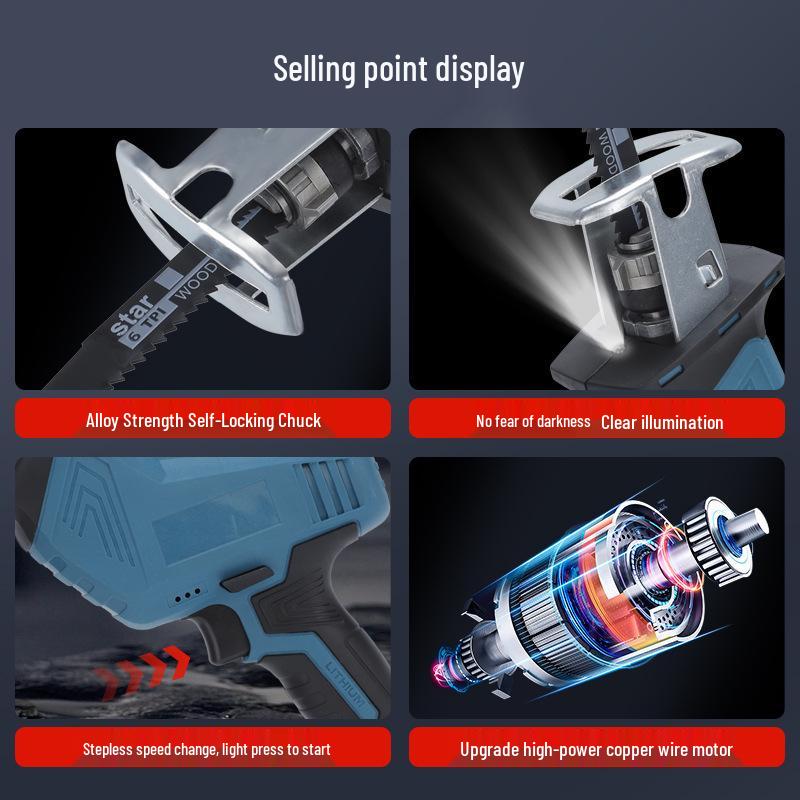 High-Power Brushless Electric Reciprocating Saw with Rechargeable Lithium Battery for Woodworking and Metal Cutting