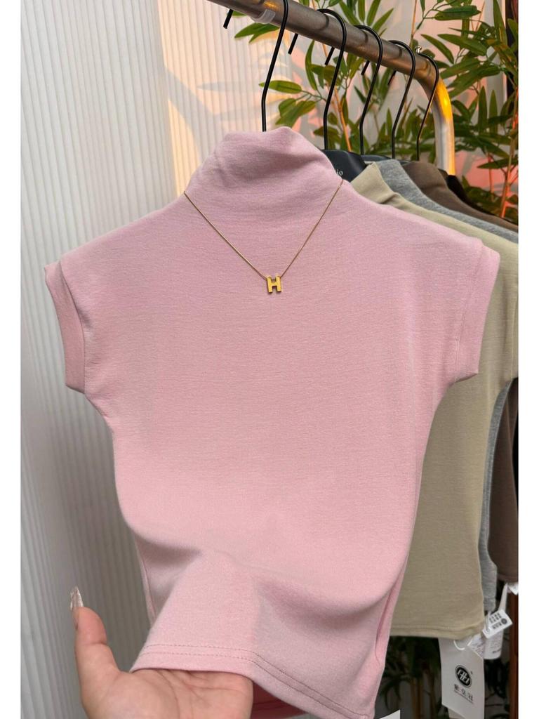 Damen Schwarzes Slim Kurzarm T-Shirt mit Halbochkragen, Frühjahr/Sommer Kollektion 2025