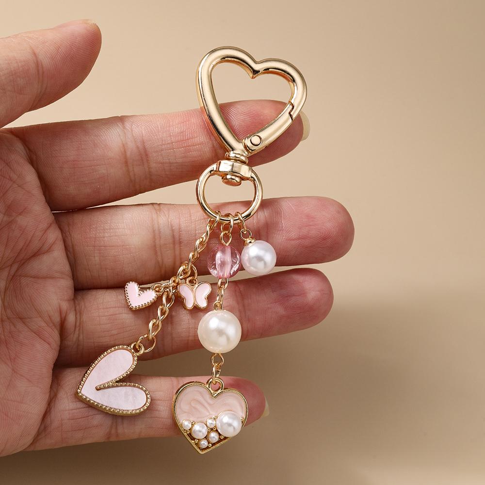 Aihua Pretty Pink Love Heart Key Chain Pearl Butterfly Heart Key Ring Pendants for Women Girls Handbag Decor DIY Jewelry Gift