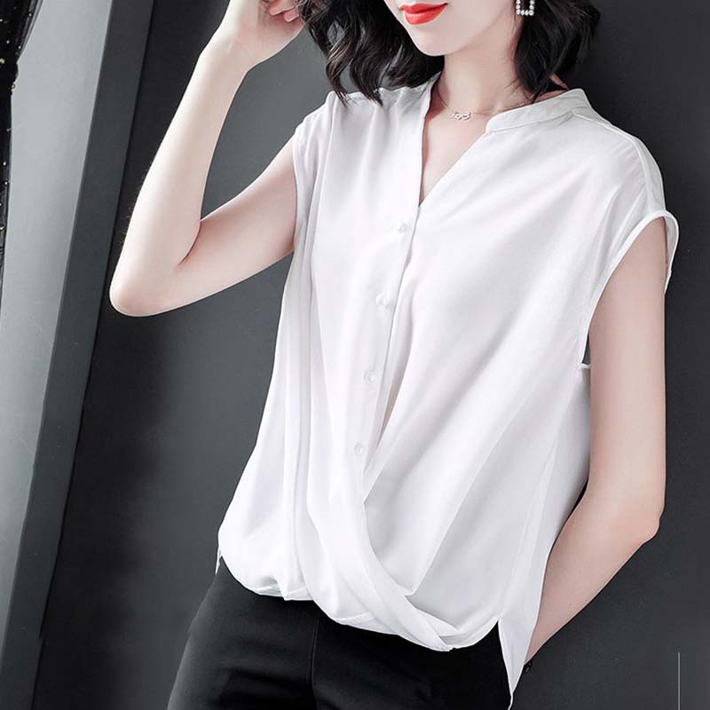 Šifonová košile s výstřihem do V Dámská letní zakrývající břicho Blůza Krátký rukáv Volný Temperament Bez rukávů Štíhlá Jednobarevná Velká velikost Košile Dámský letní top
