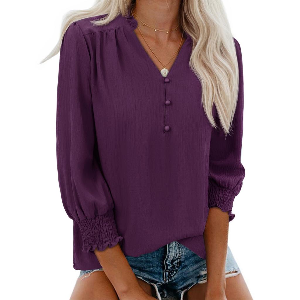 Women's Casual Fashionable V-Neck Blouse With Elasticated Cuffs