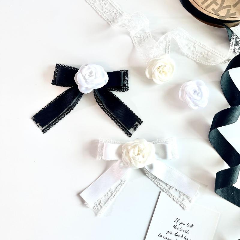 Camellia Flower Ribbon Brooch Black White French Style Pin Brooch For Women Shirt Collar Pins Vintage Party Brooches Jewelry