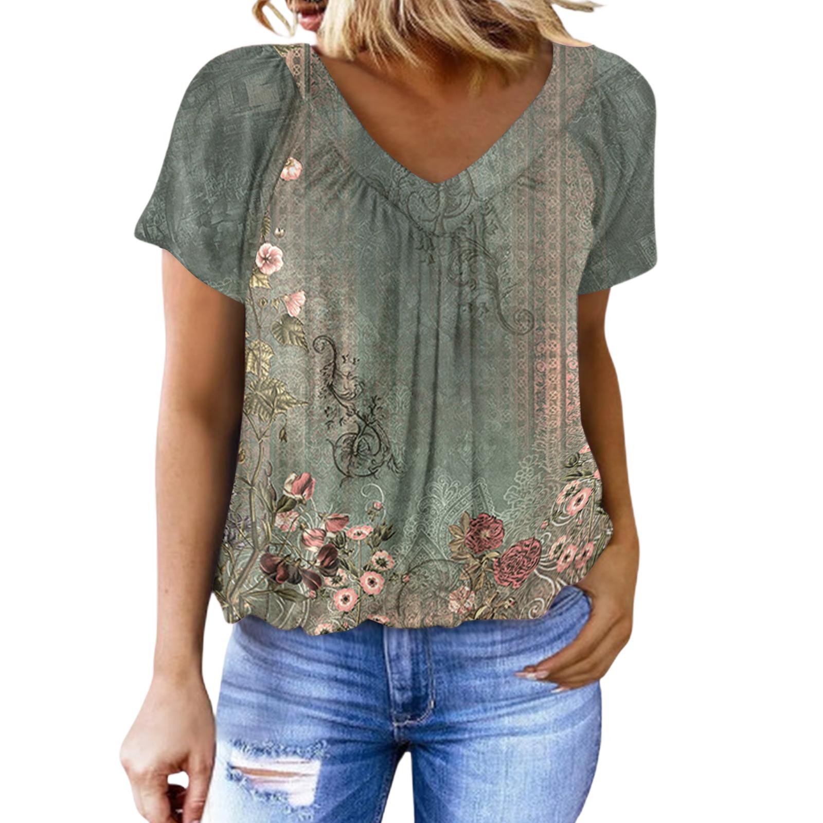 Women s Casual V-neck Pleated Floral Print Short-sleeved Top L