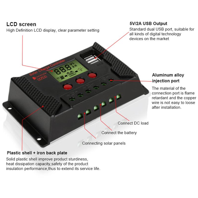 Solar Charge Controller 12V 24V Auto.PWM 10A 30A 60A for Solar Panel Battery Charging Street Light
