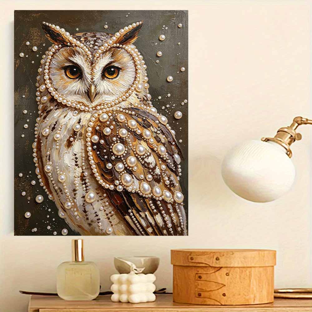 Elegant Owl Portrait 5D Pearl Painting Kit with Frame DIY Sparkling Bead Canvas Art Relaxing Craft for Girls Room Decor Aesthetic Gift