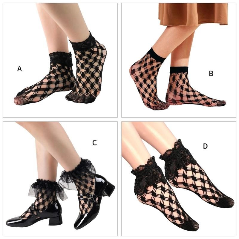 Black Mesh Socks For Women Elegant Ruffle Frilly Dress Socks Hollowout Fishnet Rhombus Patterned Ankle Socks Hosiery