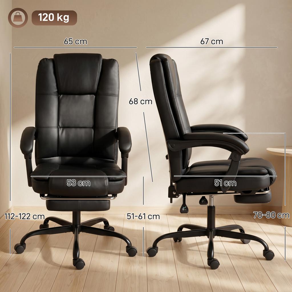 Office Chair, Ergonomic, Reclining PU Leather, Retractable Footrest, Height Adjustable, Black