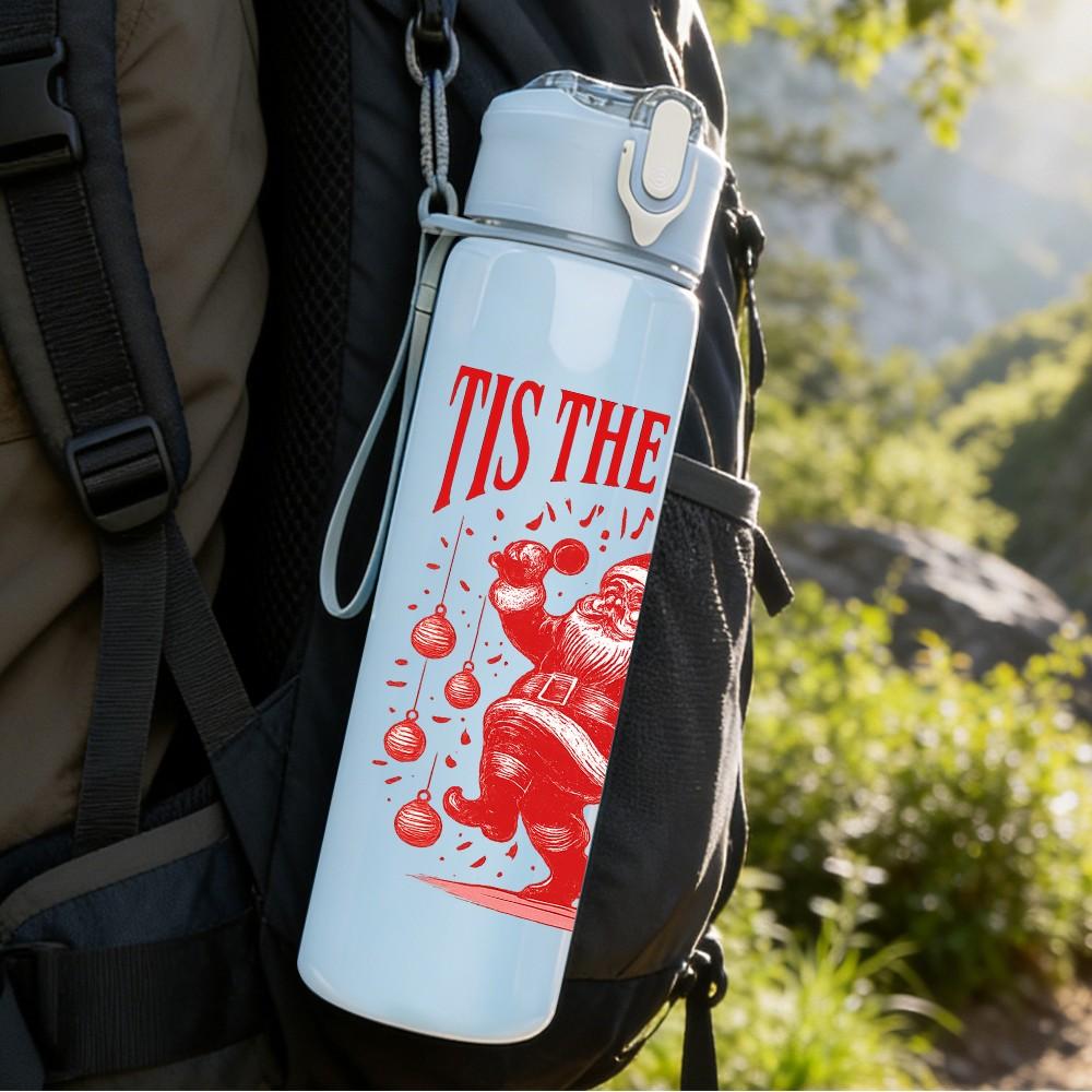 1PC Tis The Season Santa Print 750ml Color Plastic Sports Water Bottle Leakproof Flip Straw Lid Suitable for Sports Office Home Use