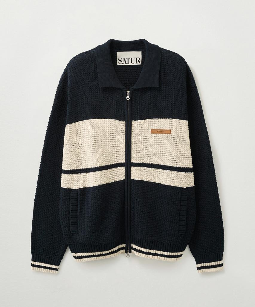 Satur Color Block Knit Zip-Up Navy