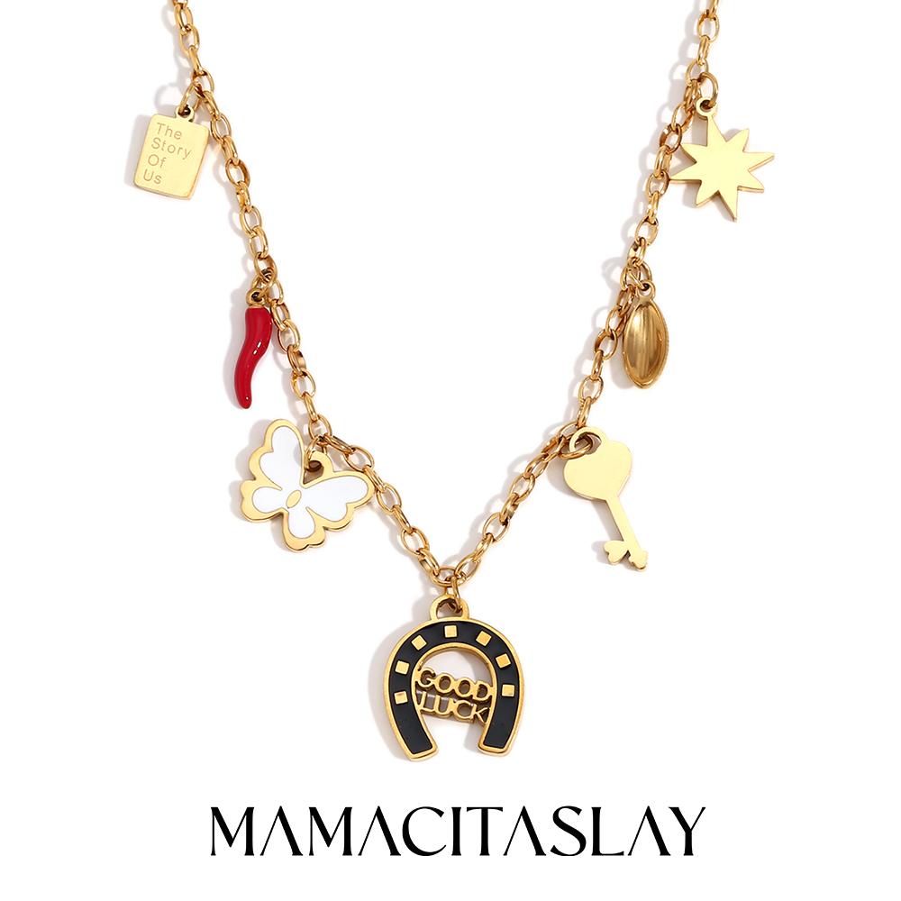 MamacitaSlay Hawaiian Style Enamel Chili Butterfly Star Pendant Stainless steel necklaces Jewelry on the neck women's neck chain