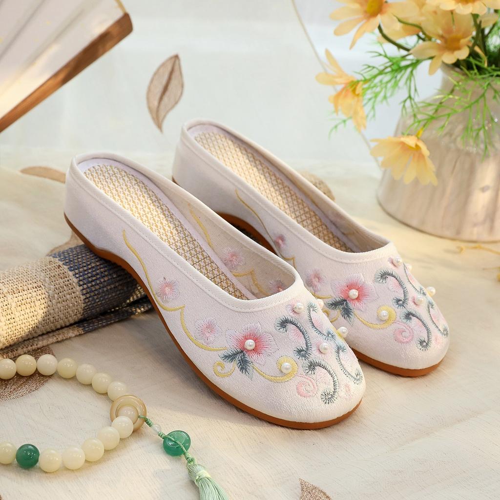 [Cai Xuan] 2025 Summer New Mercerized Satin Slippers Retro Sandals Cheongsam Ancient Hanfu Shoes Women's Single Shoes