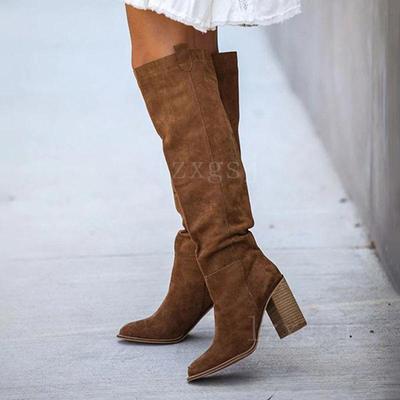 Women's Boots Fashion Casual Vintage Retro Brown Pointed Toe Flock Square Heel Over The Knee Boots Sleeve Large Size Women Shoes