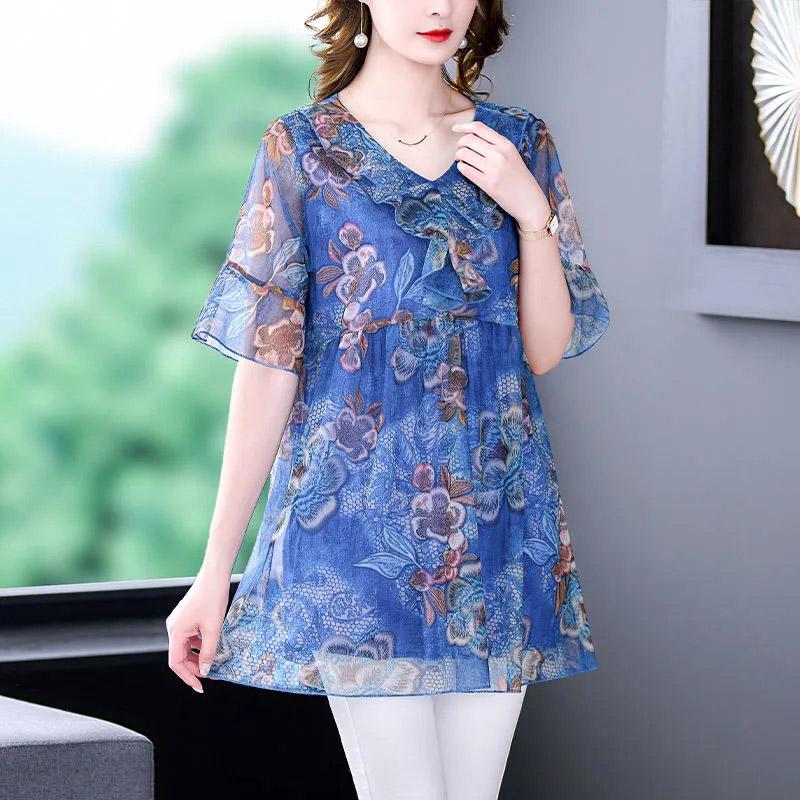 Big Size Short Sleeve Tops Women Summer Floral Loose Comfortable T-Shirt Casual Stretch V-Neck Tops