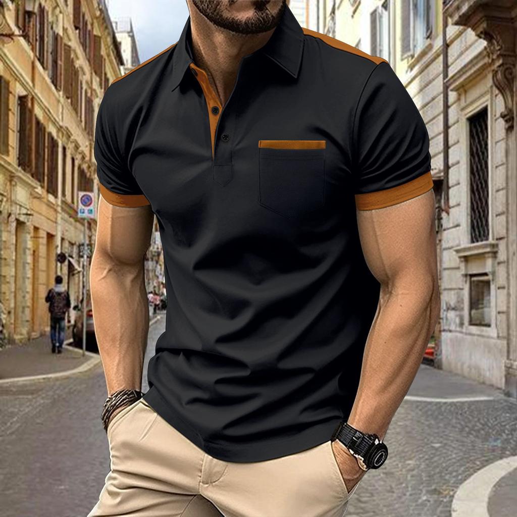 New Men's Casual Polo Shirt Solid Colour with Chest Pocket Flap Collar with Button Placket Contrasting Colour Panels Versatile T-Shirt