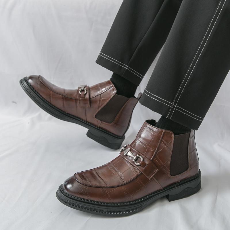 Fashion 2025 New Men's Solid Color Crocodile Print Leather High-Quality Ankle Boots Comfortable Retro Metal Buckle Business Casual Shoes