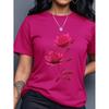 Damen lässiges T-Shirt mit Rosen-Schmetterlings-Print, Rundhalsausschnitt, kurzärmelig, Sommer