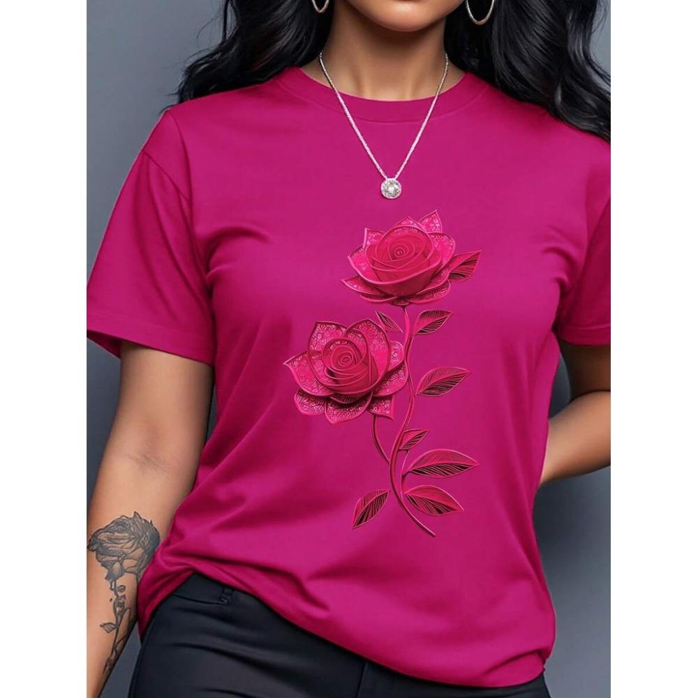 Damen lässiges T-Shirt mit Rosen-Schmetterlings-Print, Rundhalsausschnitt, kurzärmelig, Sommer