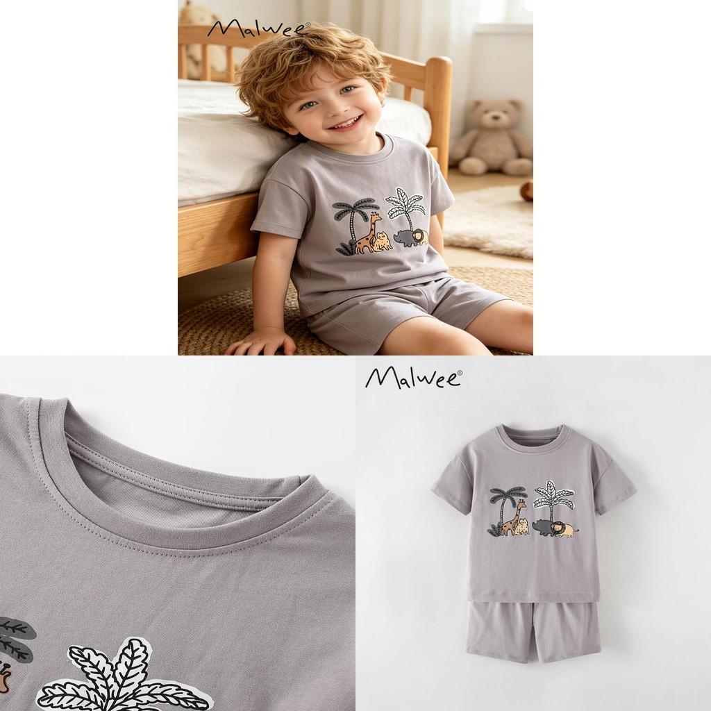 Boys Summer Cotton Cartoon Print Twopiece Set For Kids
