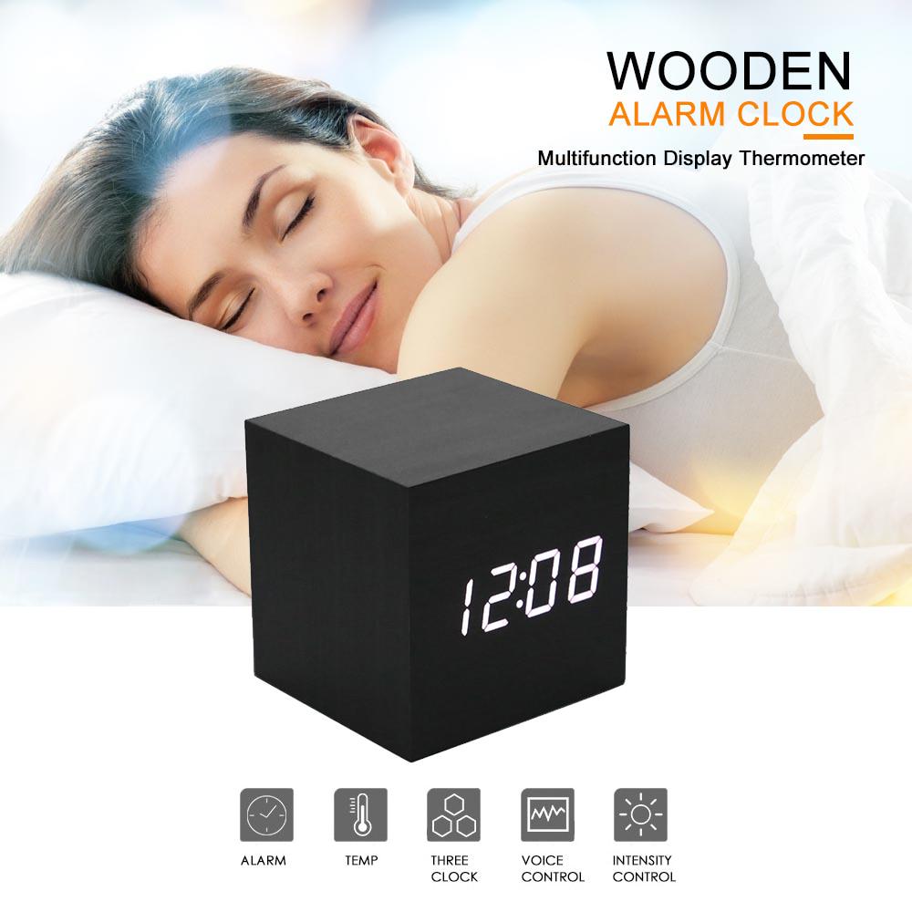 Digital Thermometer Wooden Alarm Clock Date Desk Clock Table USB Charging Brief  Home Decor