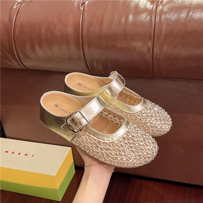 Inner Heightened Thick-soled Bag Head Half Slippers, Women's 2025 Summer Models, Outer Wear Casual One-pedal Rhinestone Fishing Net Cool Slippers