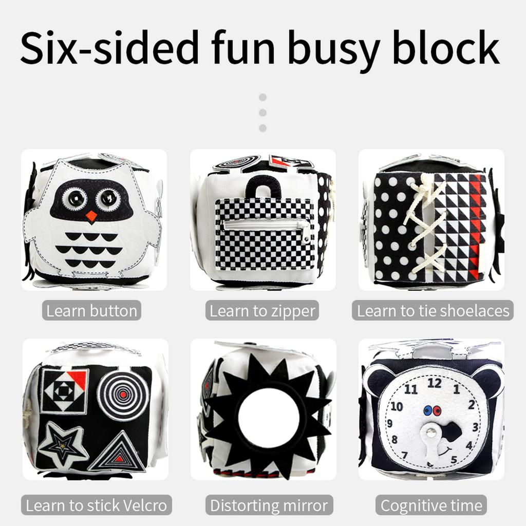 Výuková hračka pro děti Cubic Activity se zipy, západkami, přezkami, tkaničkami, patentkami, knoflíky a dalšími – ideální pro batolata doma, v letadle, v autech nebo na cestách