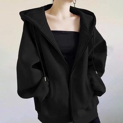 Autumn Winter Women's Fleece Sweatshirt Thickened Hooded Zip-up Loose Sweatshirt