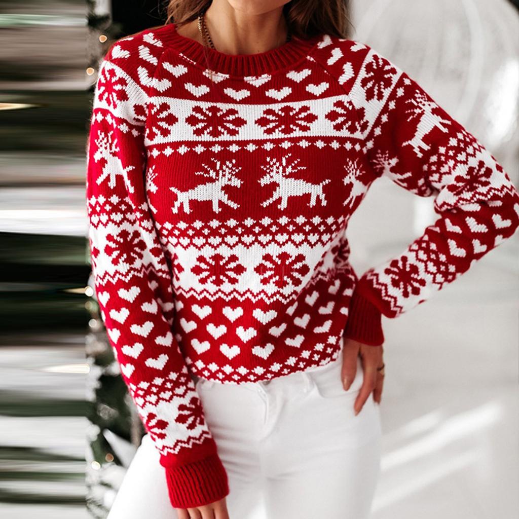 Women's Fashion Christmas Knitted Printed Long Sleeve Round Neck Sweater