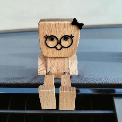 Cute Bow Leg-shaking Wooden Man Figurine Interior Wood Ornaments With 12 Magnetic Expressions Car Decoration Ornaments