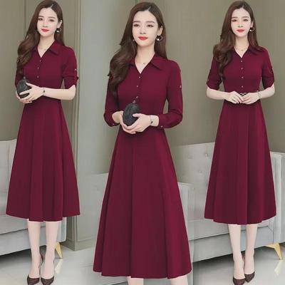 2023 Women's Medium-Length Polo Collar Dress, New Korean Style, Long Sleeve, Waist-Defined, Simple, Large Size, for Spring and Autumn