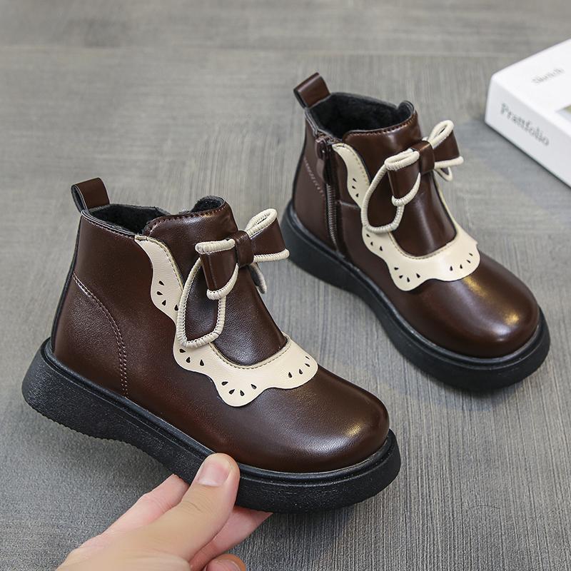 Kids Short Leather Boots Lolita Style Girls Princess Boots Thick Warm Plush Fur Fashion Children Ankle Boots Winter 2024 New
