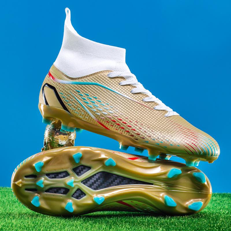 High-top football shoes, men's and women's broken nail sneakers, genuine long nails, non-slip, adult fake grass professional football shoes