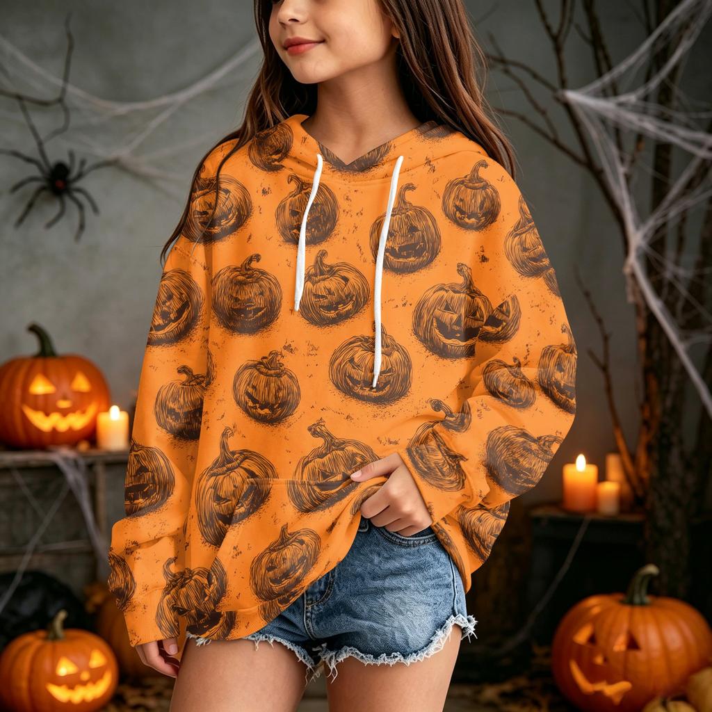 Kids Casual Halloween Print Hoodie for Holiday and Everyday Wear