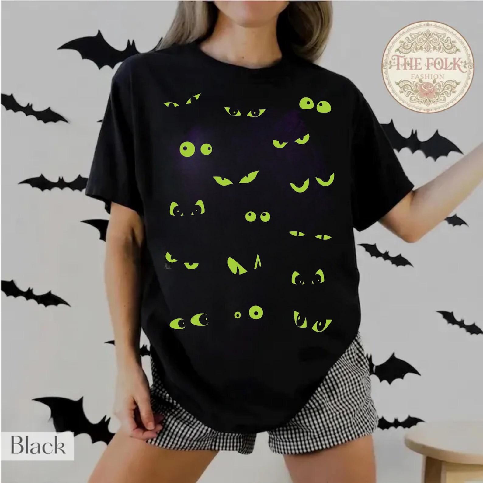 Spooky Eyes Shirt, Neon Creepy Cat Eyes Tee, Vintage Halloween Monster T-shirt, Edgy Grunge Pastel Goth Shirt, Halloween Boy Girl Tee L