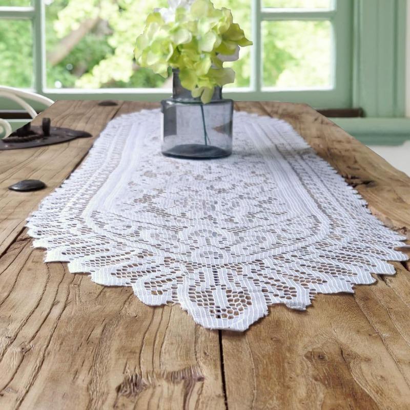 1pc Cotton Crochet Lace Rectangular Table Runner Dresser Scarf Doilies White Style,33 X 114cm, 33 X 137cm