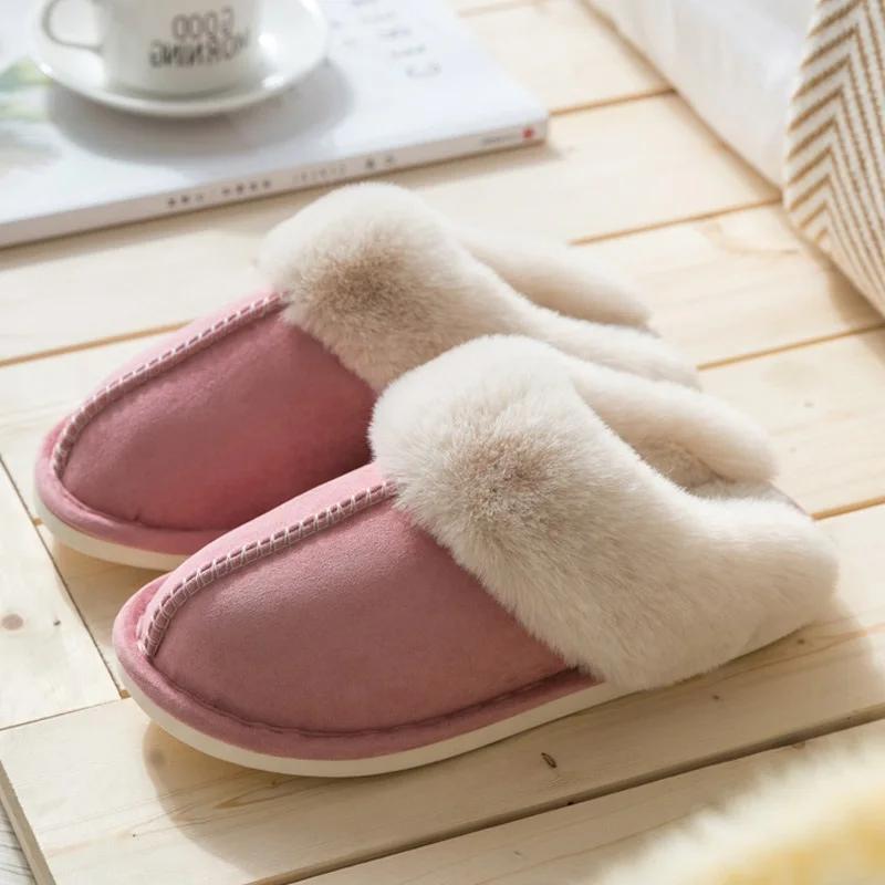 

Winter Women Slippers Furry Home Floor Shoes Warm Indoor Slides Bedroom Slippers Plush Couples Footwear Soft Non-slip Shoes Men 36-37
