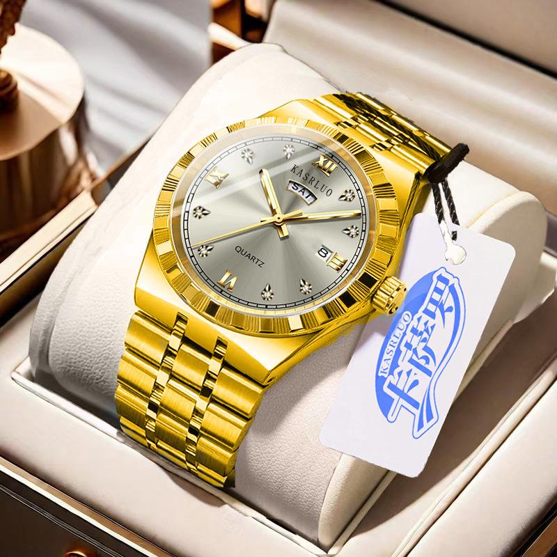 Men'S Watch Stainless Steel Waterproof Non-Mechanical Luminous Calendar Fashion Steel Belt Watch